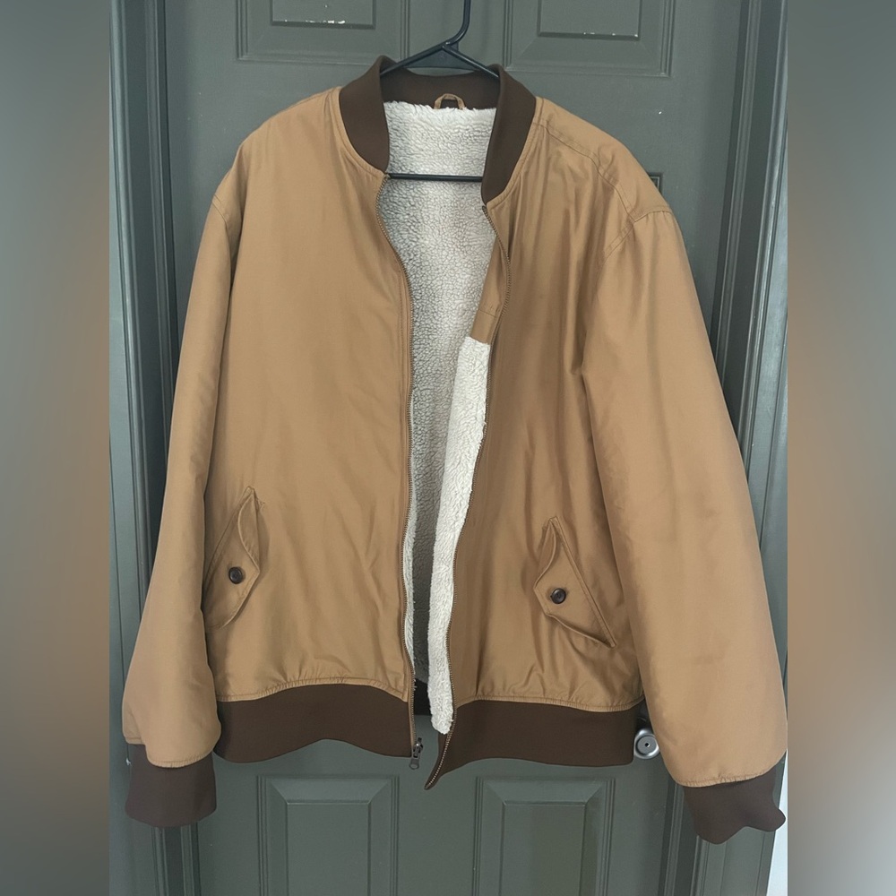 Tan and Brown Reversible Fleece Bomber Jacket Size XL